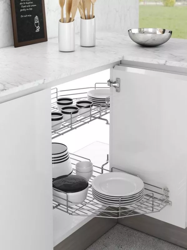 Sada rohových drátěných polic půlkruh EASY pr. 760 mm dvířka 450 mm šedá Inoxa