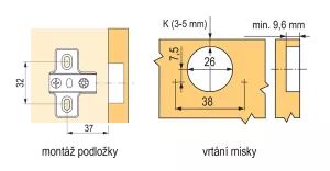 StrongHinges S3 minizávěs polonaložený, montážní podložka na vruty, slide-on